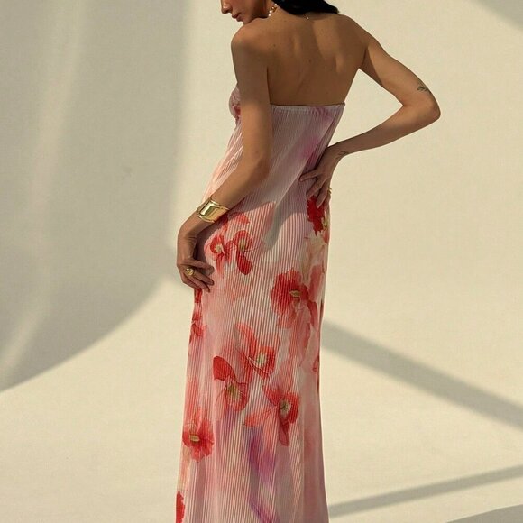 Multicolor Boho Women's Strapless Twist-Front Ruched Floral Print Bodycon Dress - Picture 2 of 7